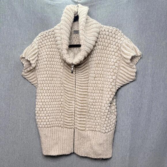 Elsamanda Women's M Full-Zip Short Sleeve Chunky Cable Knit Alpaca Blend Sweater - Picture 2 of 9